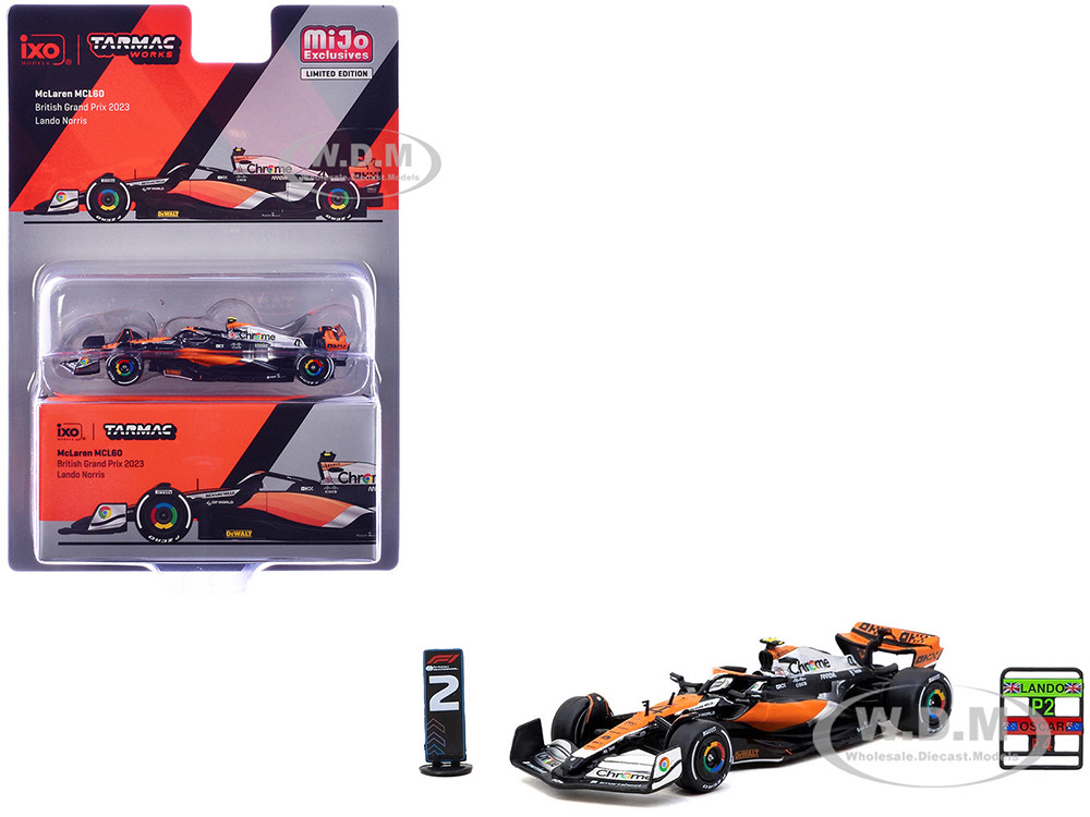 McLaren MCL60 #4 Lando Norris 2nd Place Formula One F1 "British GP" (2023) with Pitboards "Global64" Series 1/64 Diecast Model Car by Tarmac Works diecast model