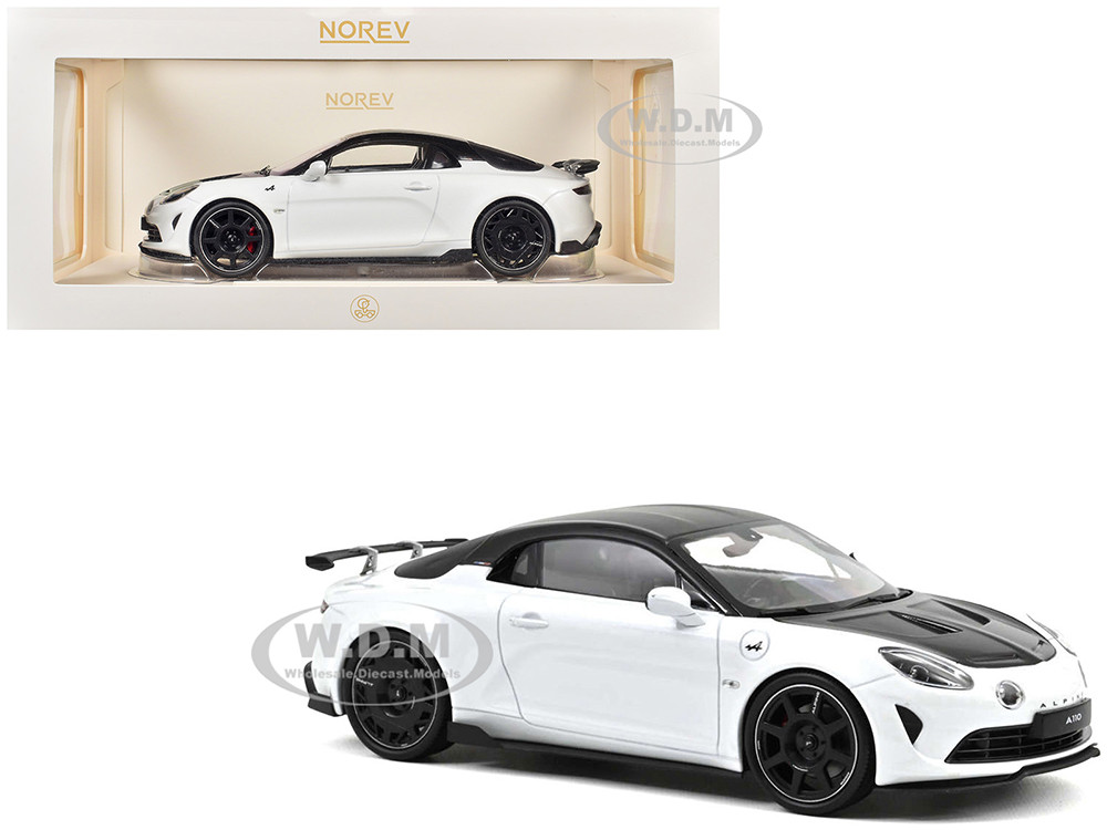 2024 Alpine A110 R Pearl White Metallic with Carbon Hood and Top 1/18 Diecast Model Car by Norev diecast model