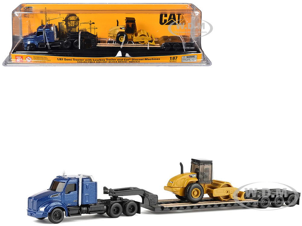 Kenworth T880 Tractor Blue Metallic with Lowboy Trailer and CAT Padfoot Roller Yellow 1/87 (HO) Diecast Model by Diecast Masters diecast model