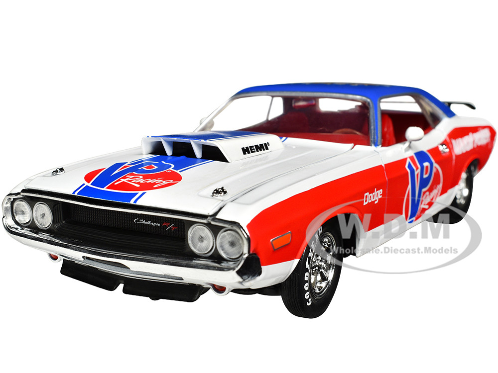 1970 Dodge Challenger R/T Hemi White with Red and Blue Stripes with Red Interior "VP Racing" Limited Edition to 5710 pieces Worldwide 1/24 Diecast Model Car by M2 Machines diecast model