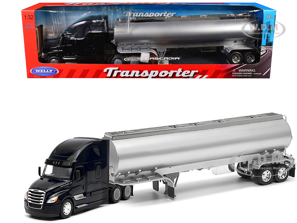 Freightliner Cascadia Truck Black with Silver Tanker Trailer "Transporter" Series 1/32 Diecast Model by Welly diecast model