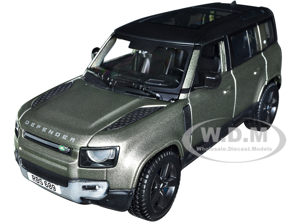 2022 Land Rover Defender 110 Green Metallic with Black Top and Sunroof 1/24 Diecast Model Car by Bburago diecast model
