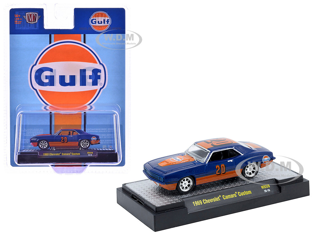 1969 Chevrolet Camaro Custom #20 "Gulf Oil" Dark Blue and Orange Limited Edition to 5500 pieces Worldwide 1/64 Diecast Model Car by M2 Machines diecast model