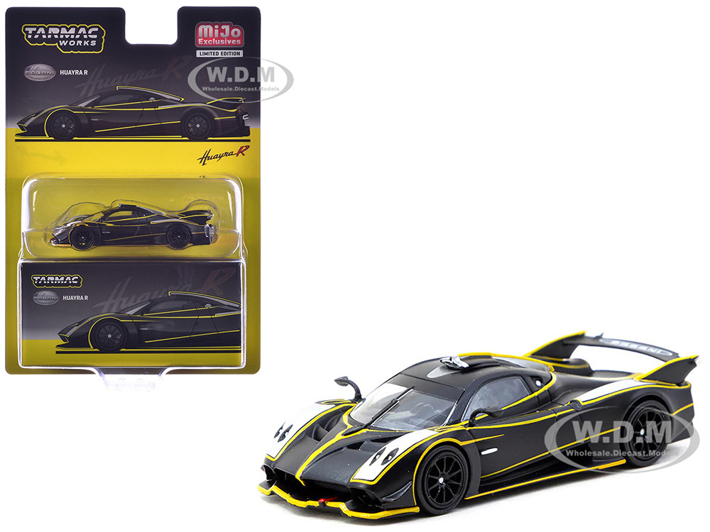 Pagani Huayra R Matt Black with Silver Accents and Yellow Stripes "Global64" Series 1/64 Diecast Model by Tarmac Works diecast model