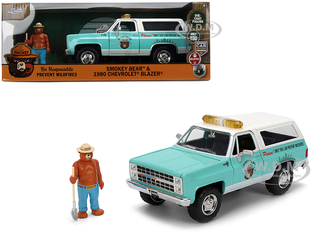 1980 Chevrolet Blazer Light Green with White Top and Graphics and Smokey Bear Diecast Figure "Smokey Bear" "Hollywood Rides" Series 1/24 Diecast Model by Jada diecast model