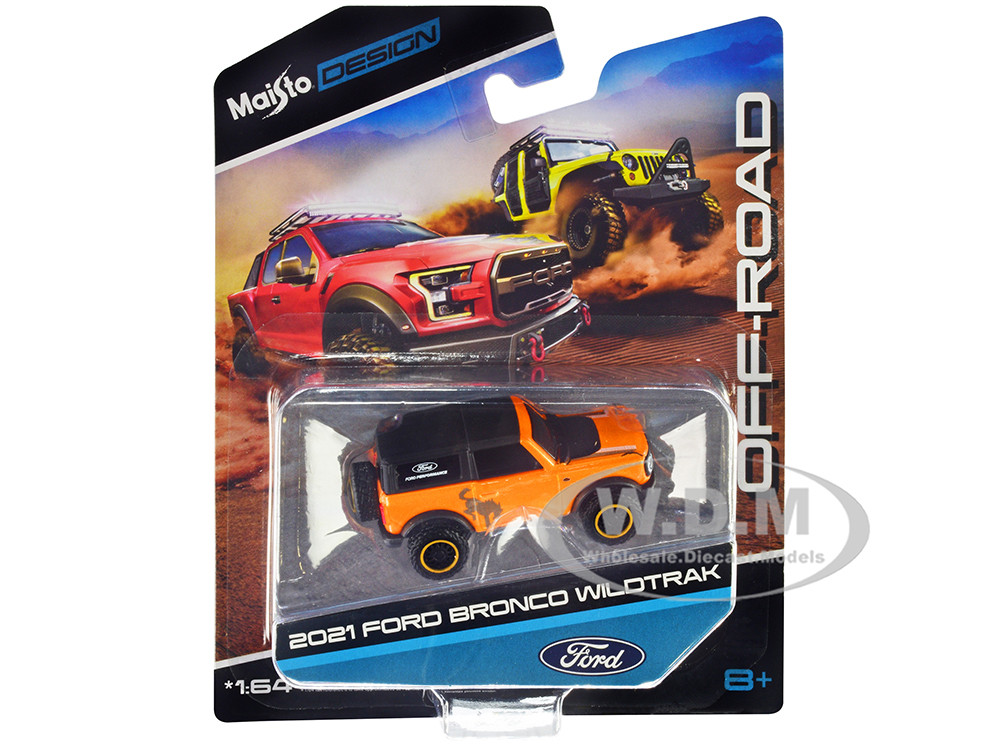 2021 Ford Bronco Wildtrak Orange Metallic with Black Top "Off-Road" "Maisto Design" Series 1/64 Diecast Model Car by Maisto diecast model