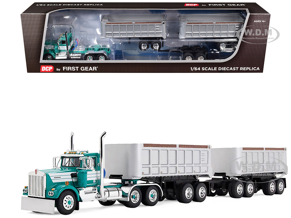 Kenworth W900A Day Cab with 22' Dual End Dump Trailers Turquoise with White Stripes 1/64 Diecast Model by DCP/First Gear diecast model