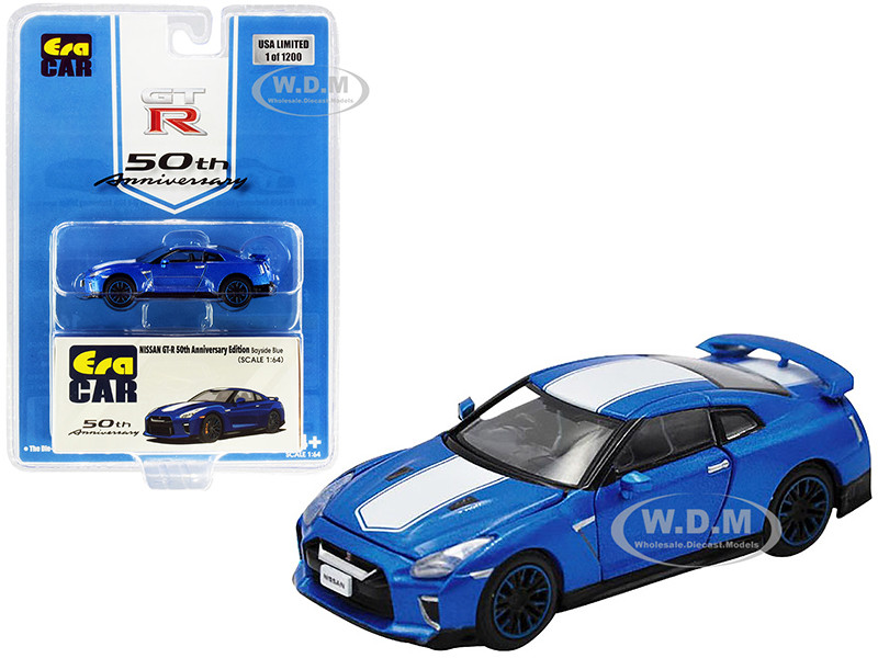 Nissan GT-R RHD (Right Hand Drive) Bayside Blue with White Stripe "50th Anniversary Edition" Limited Edition to 1200 pieces 1/64 Diecast Model Car by Era Car diecast model