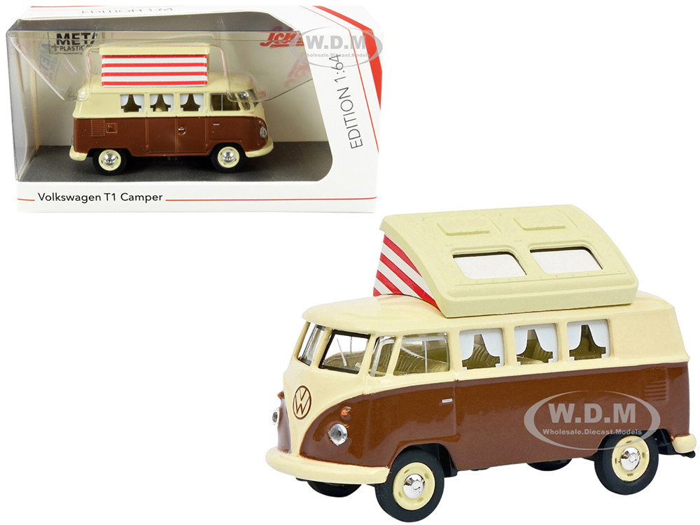 Volkswagen T1 Camper Bus with Pop-Top Roof Brown and Cream 1/64 Diecast Model by Schuco diecast model
