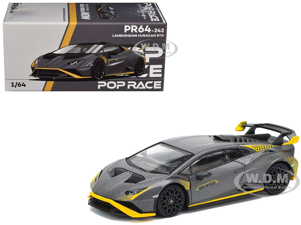 Lamborghini Huracan STO Matt Gray Metallic with Yellow Accents 1/64 Diecast Model Car by Pop Race diecast model