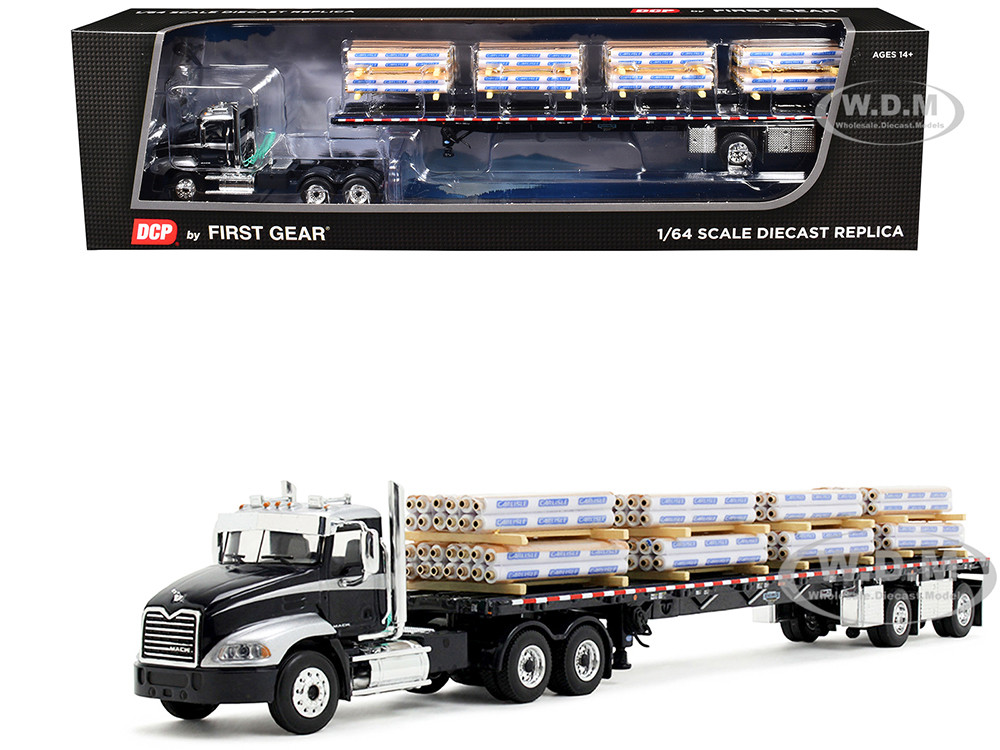 Mack Pinnacle Day Cab with Minimizer Parts & 53' Wilson Roadbrute Flatbed Trailer with "Carlisle Roofing" Loaded Pallets Black with Silver Top and Stripes 1/64 Diecast Model by DCP/First Gear diecast model