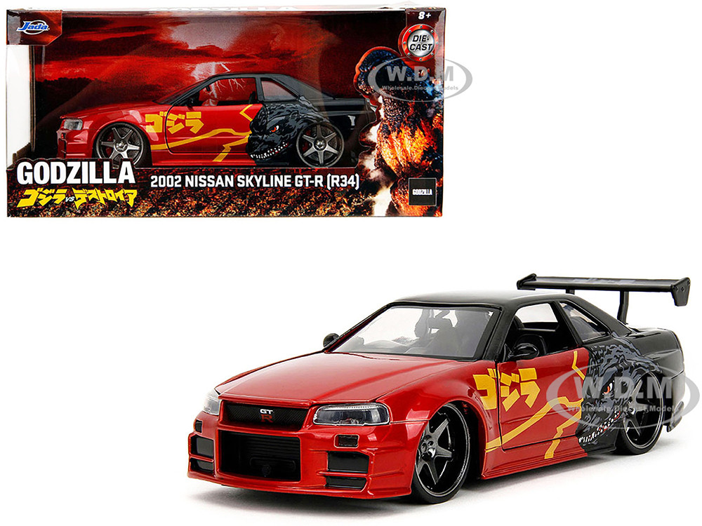 2002 Nissan Skyline GT-R (R34) RHD (Right Hand Drive) Red Metallic and Black "Godzilla vs. Destoroyah" (1995) Movie "Hollywood Rides" Series 1/24 Diecast Model Car by Jada diecast model