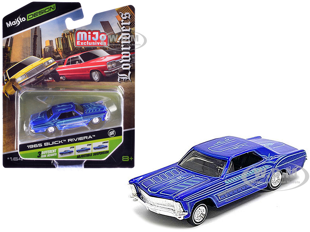 1965 Buick Riviera Candy Blue with Graphics "Lowriders" "Maisto Design" Series 1/64 Diecast Model Car by Maisto diecast model
