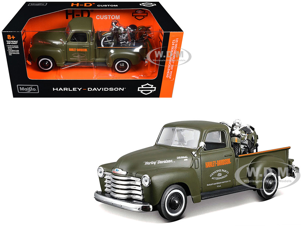 1950 Chevrolet 3100 Pickup Truck "Harley Davidson" Matt Green with 1936 Harley Davidson El Knucklehead Motorcycle Matt Green "HD Custom" Series 1/24 Diecast Model Car by Maisto diecast model