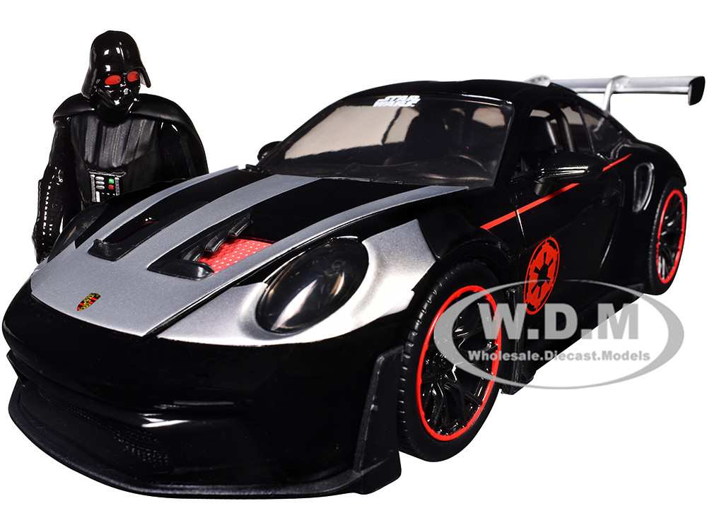 Porsche 911 GT3 RS (992) Black with Silver Hood and Graphics and Darth Vader Figure "Star Wars" Franchise "Hollywood Rides" Series 1/24 Diecast Model Car by Jada diecast model