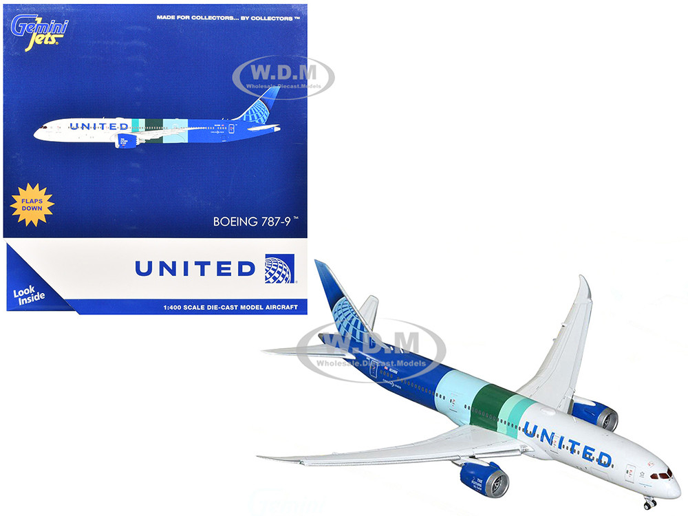 Boeing 787-9 Commercial Aircraft with Flaps Down "United Airlines - The Future is SAF" (N24988) White and Blue with Stripes 1/400 Diecast Model Airplane by GeminiJets diecast model
