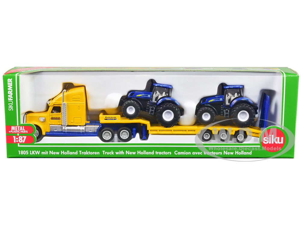 Tractor Truck Yellow with 2 New Holland T7070 Tractors Blue 1/87 (HO) Diecast Models by Siku diecast model