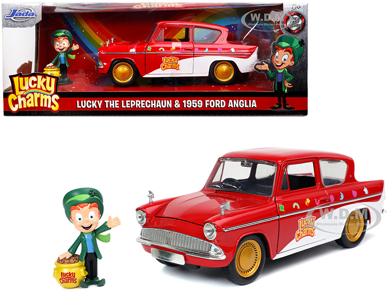 1959 Ford Anglia Red and White with Lucky the Leprechaun Diecast Figurine "Lucky Charms" 1/24 Diecast Model Car by Jada diecast model