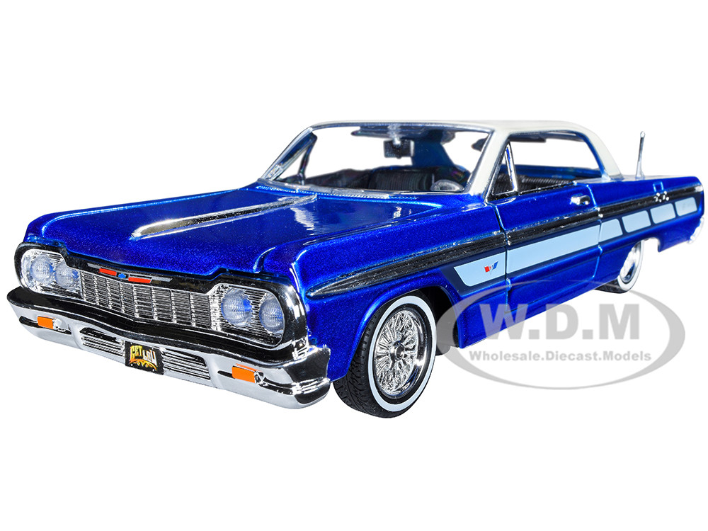 1964 Chevrolet Impala Lowrider Hard Top Candy Blue Metallic with Cream Top "Get Low" Series 1/24 Diecast Model Car by Motormax diecast model