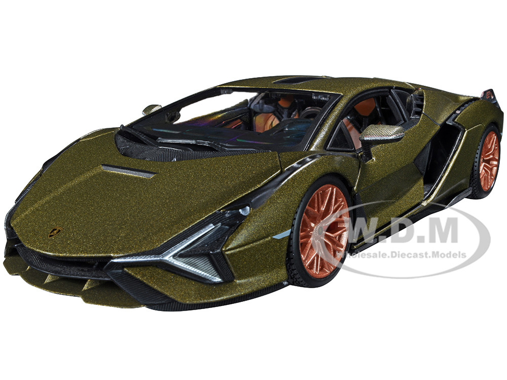 Lamborghini Sian FKP 37 Matt Green Metallic with Copper Wheels 1/24 Diecast Model Car by Bburago diecast model