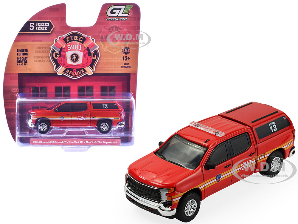 2023 Chevrolet Silverado Pickup Truck with Camper Shell "FDNY (New York City Fire Department)" Red with Stripes "Fire & Rescue" Series #5 1/64 Diecast Model Car by Greenlight diecast model