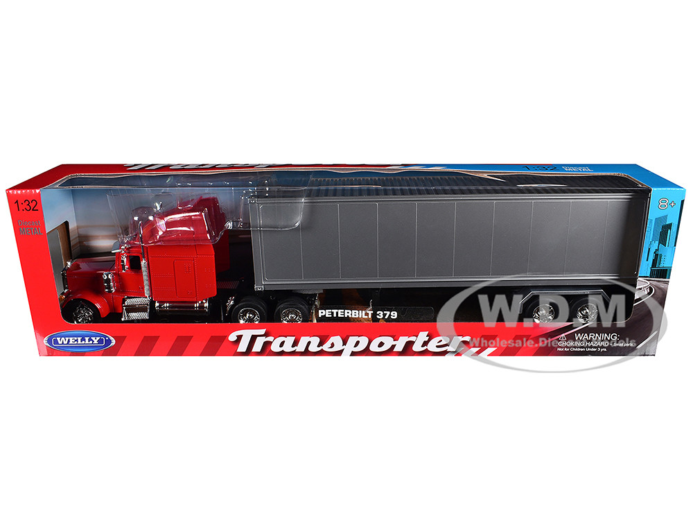 Peterbilt 379 Truck Red with Silver Container "Transporter" Series 1/32 Diecast Model by Welly diecast model