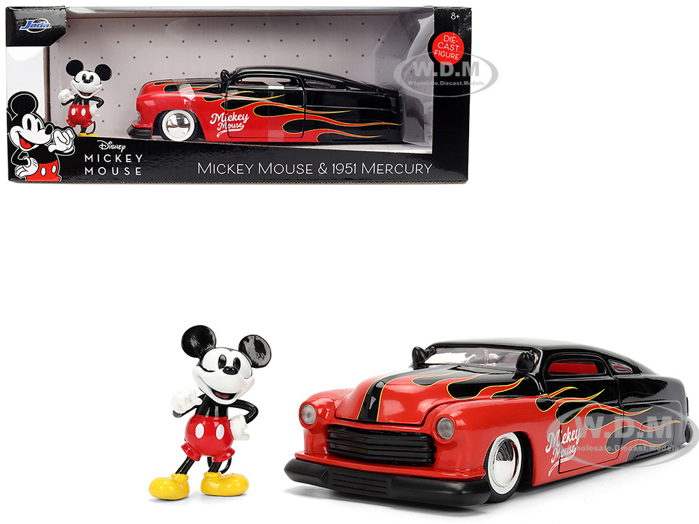 1951 Mercury Coupe Black with Flame Graphics and Red Interior and Mickey Mouse Diecast Figure "Disney's Mickey Mouse" "Hollywood Rides" Series 1/24 Diecast Model Car by Jada diecast model