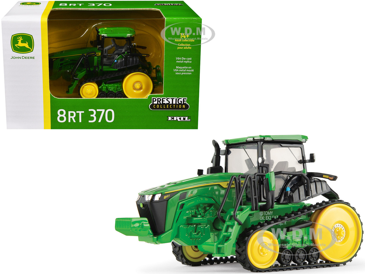 John Deere 8RT 370 Tractor with Tracks Green with Yellow Stripes "Prestige Collection" Series 1/64 Diecast Model by ERTL TOMY diecast model