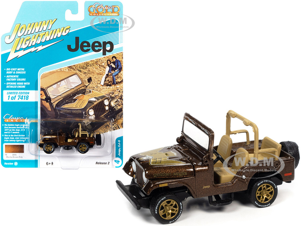 Jeep CJ-5 Mocha Brown Metallic with Golden Eagle Graphics "Classic Gold Collection" Series Limited Edition to 7418 pieces Worldwide 1/64 Diecast Model Car by Johnny Lightning diecast model