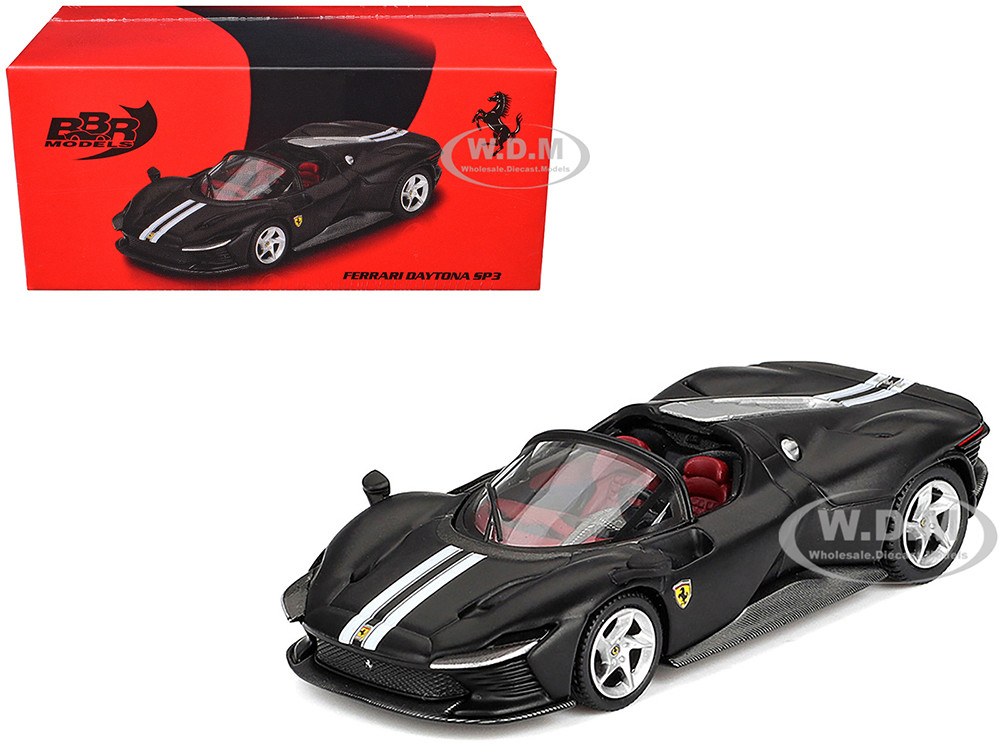 Ferrari Daytona SP3 Matt Black with White Stripes and Red Interior 1/64 Diecast Model Car by BBR diecast model