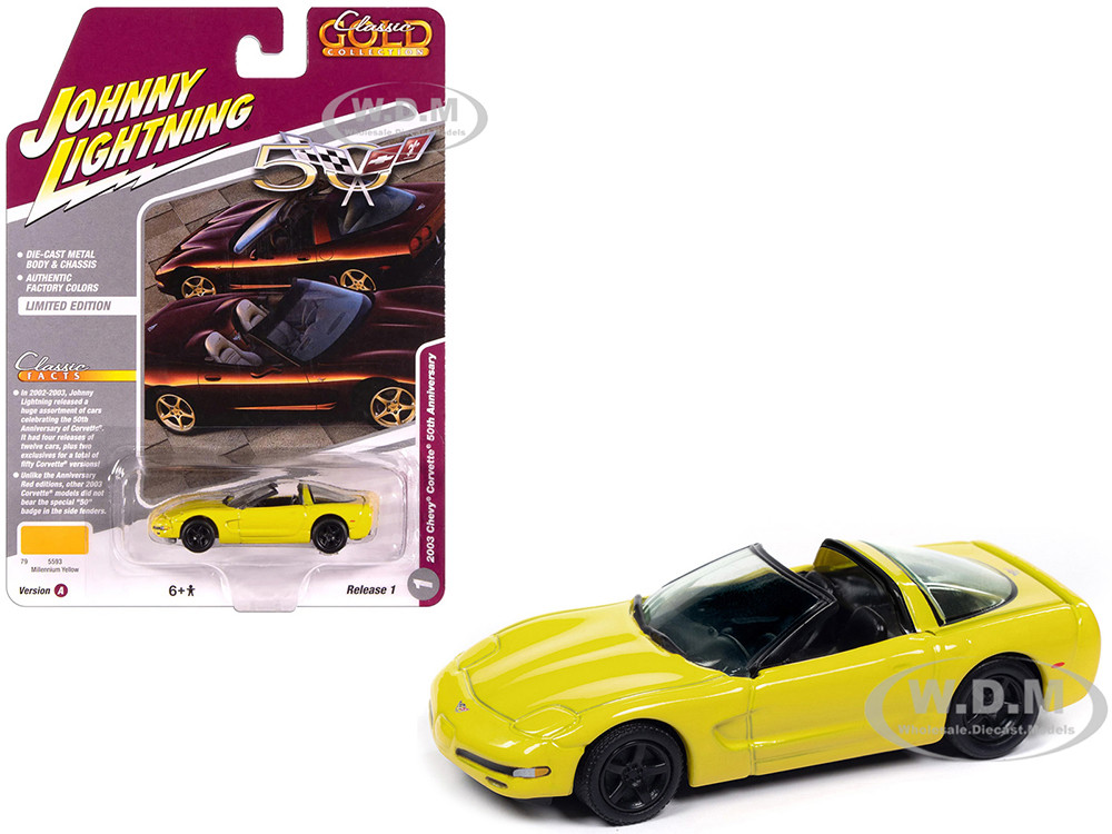 2003 Chevrolet Corvette Convertible "50th Anniversary" Millennium Yellow "Classic Gold Collection" 1/64 Diecast Model Car by Johnny Lightning diecast model