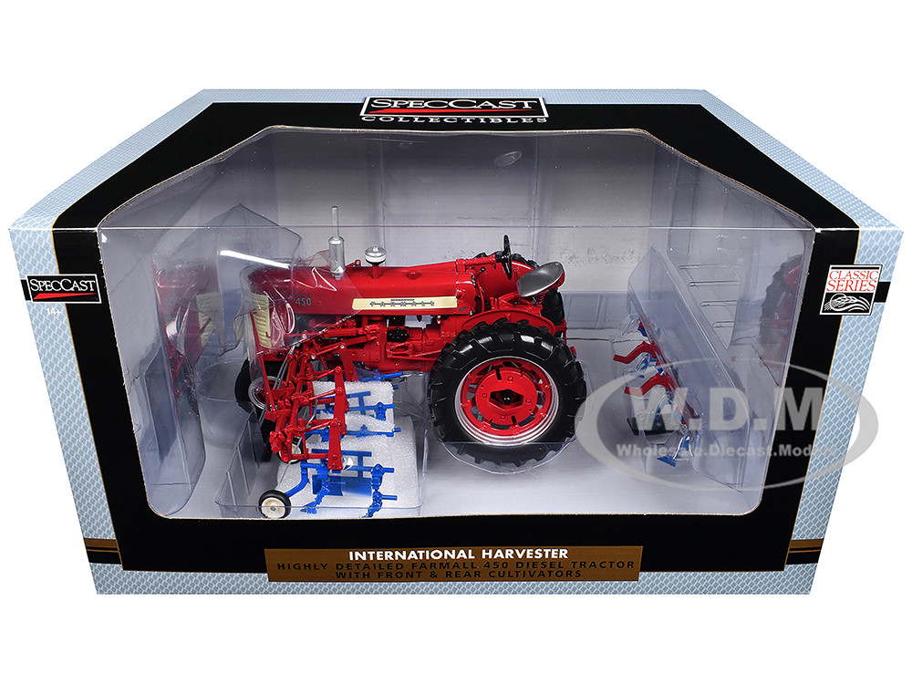 Farmall 450 Narrow Front Diesel Tractor with Front and Rear Cultivators Red "Classic Series" 1/16 Diecast Model by SpecCast diecast model
