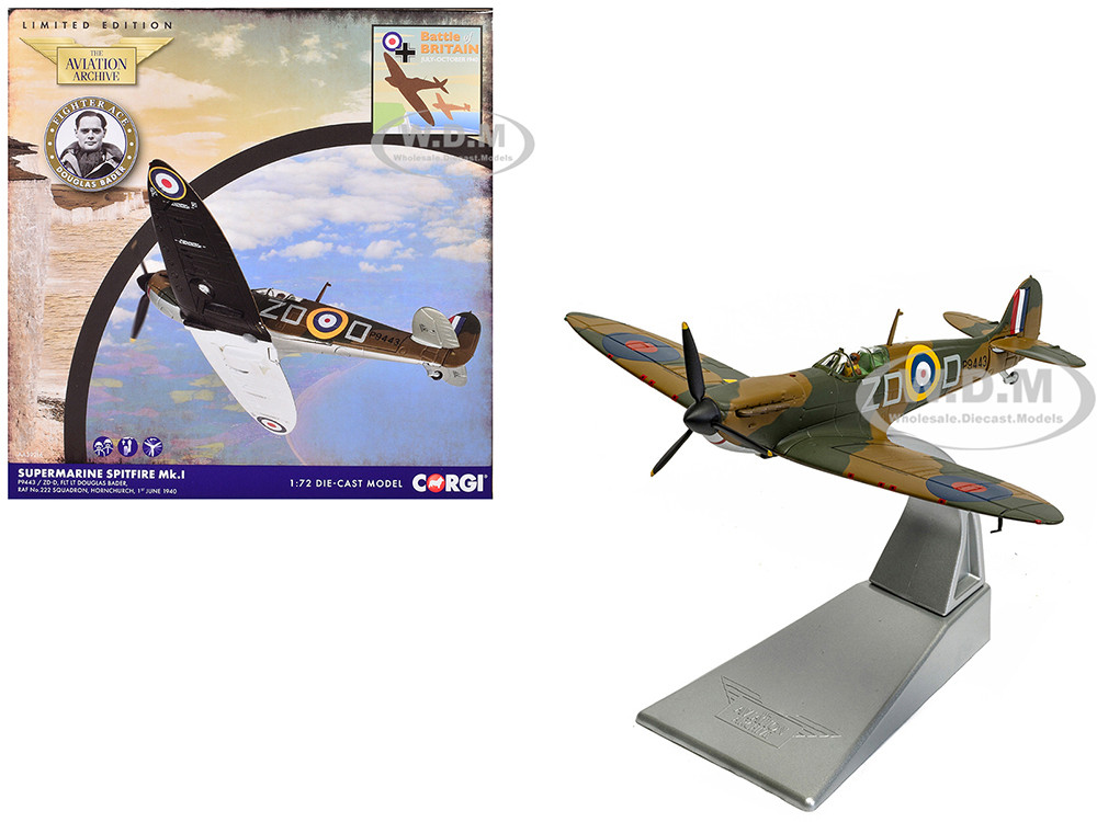 Supermarine Spitfire MkI Fighter Aircraft "P9443 ZD-D, Flight Lieutenant Douglas Bader, No. 222 Squadron, Battle of Britain" (1940) Royal Air Force "The Aviation Archive" Series 1/72 Diecast Model by Corgi diecast model