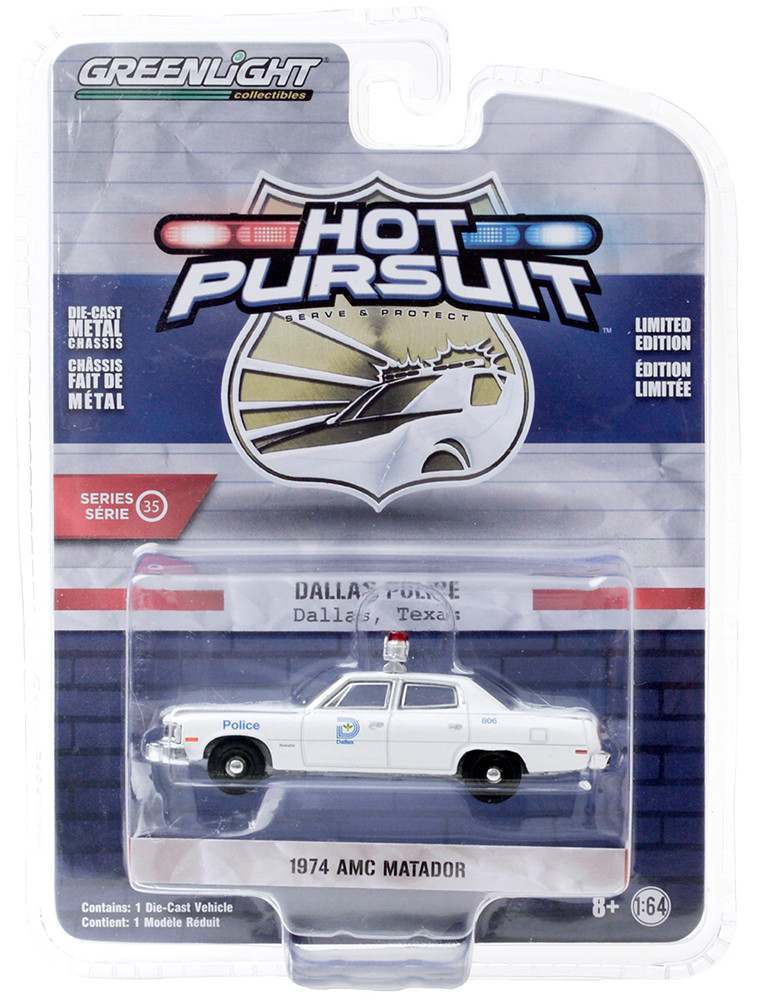 1974 AMC Matador "Dallas Police" (Texas) White "Hot Pursuit" Series 35 1/64 Diecast Model Car by Greenlight diecast model