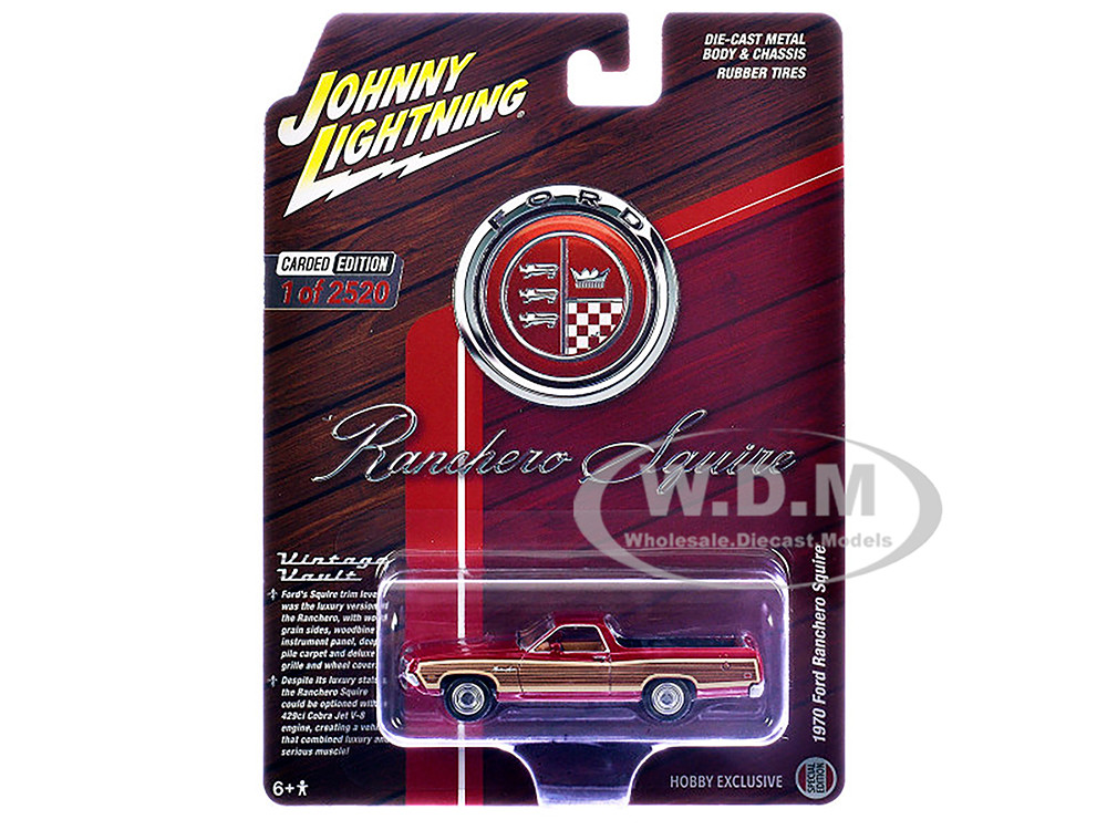 1970 Ford Ranchero Squire Red with Woodgrain Sides "Hobby Exclusive" Series Limited Edition to 2520 pieces Worldwide 1/64 Diecast Model Car by Johnny Lightning diecast model