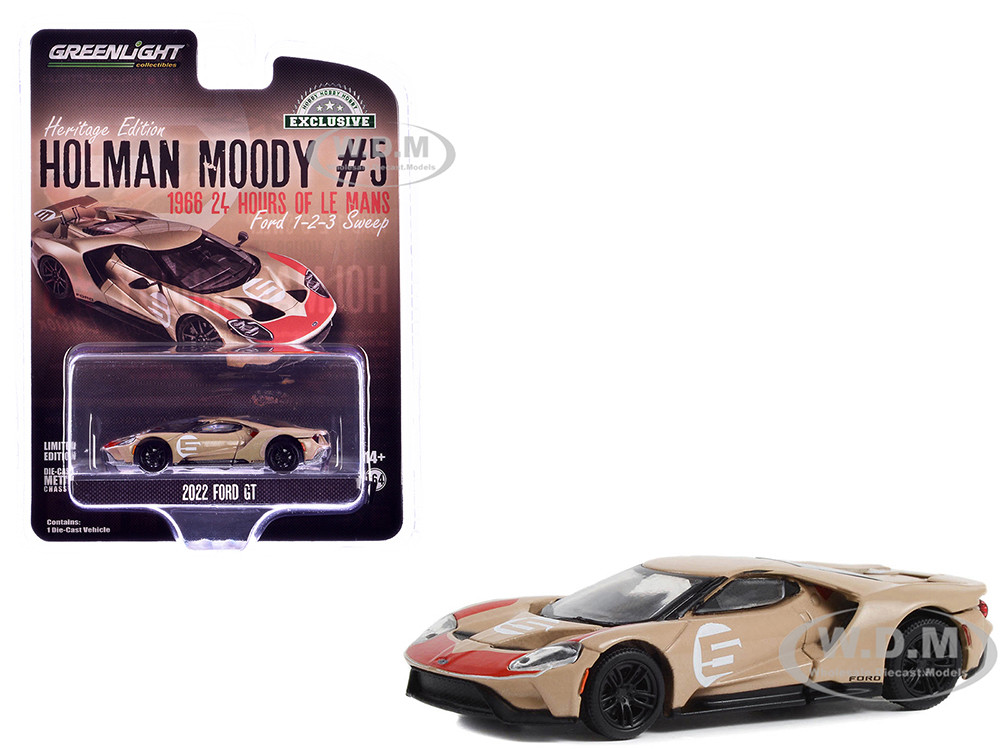 2022 Ford GT Heritage Edition #5 Holman-Moody "1966 24 Hours of Le Mans Ford 1-2-3 Sweep Tribute" Gold Metallic with Red Accents "Hobby Exclusive" Series 1/64 Diecast Model Car by Greenlight diecast model