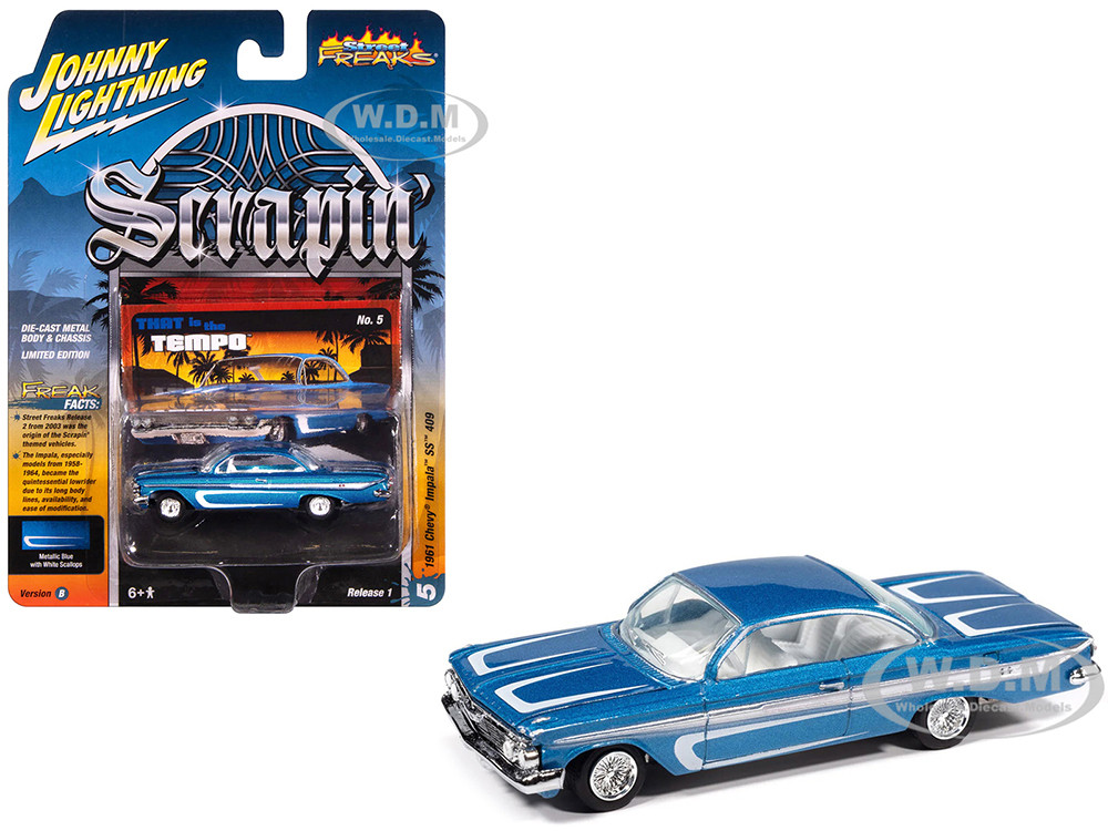 1961 Chevrolet Impala SS 409 Blue Metallic with White Stripes and Interior "Scrapin'" Series 1/64 Diecast Model Car by Johnny Lightning diecast model