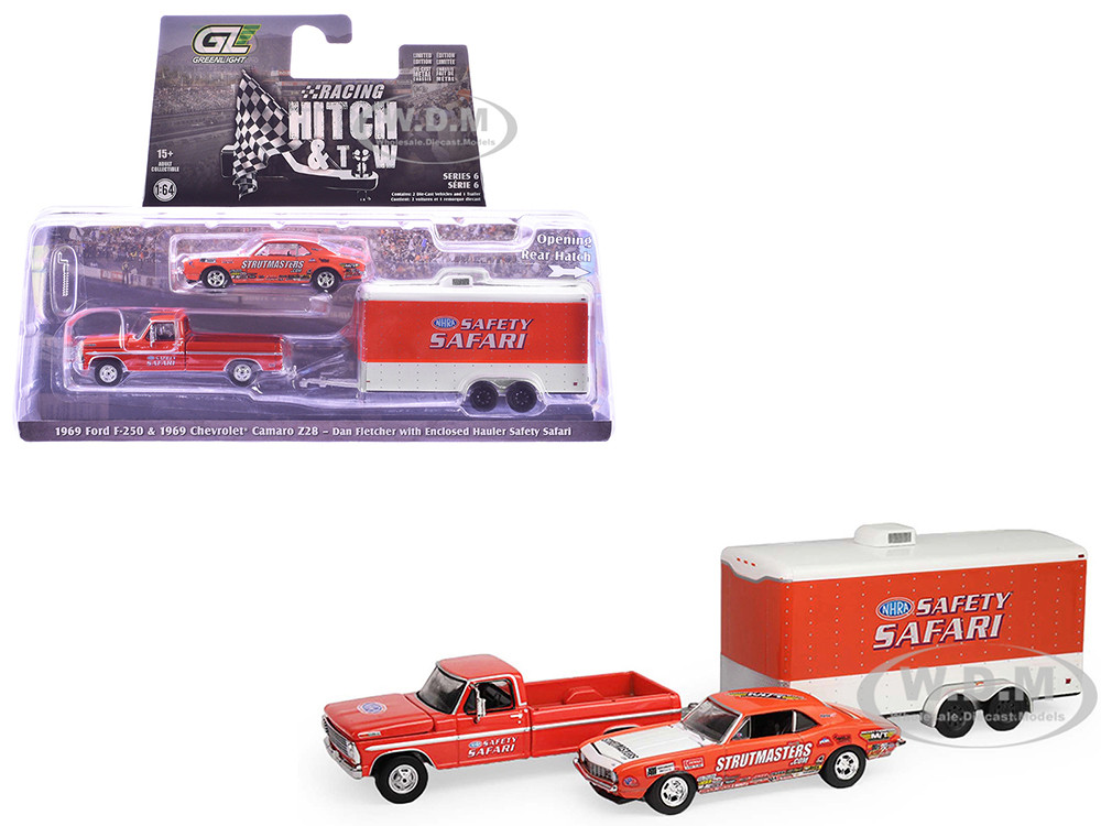 1969 Ford F-250 Pickup Truck Red and 1969 Chevrolet Camaro Z28 "Dan Fletcher" Orange with White Hood "NHRA Safety Team" with Enclosed Car Trailer "Racing Hitch & Tow" Series 6 1/64 Diecast Model Cars by Greenlight diecast model