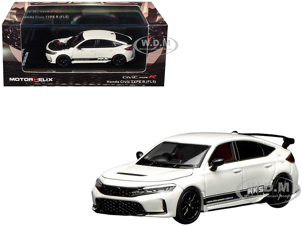 Honda Civic Type R (FL5) RHD (Right Hand Drive) "HKS" White with Black Stripes 1/64 Diecast Model Car by MotorHelix diecast model