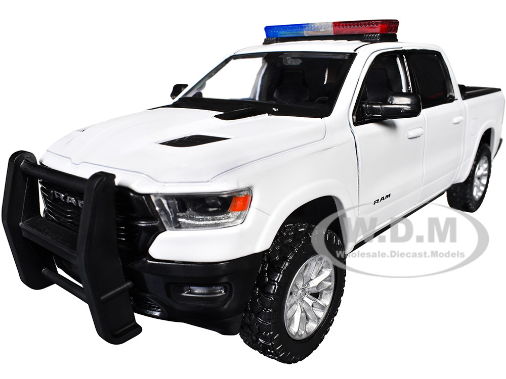 2019 RAM 1500 Laramie Crew Cab Pickup Truck White with Flashing Light Bar and Front and Rear Lights and Sounds 1/27 Diecast Model Car by Motormax diecast model
