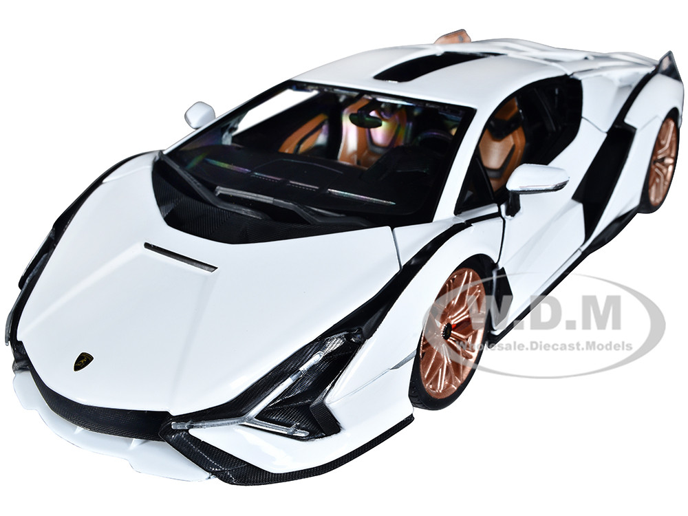 Lamborghini Sian FKP 37 White with Copper Wheels 1/18 Diecast Model Car by Bburago diecast model