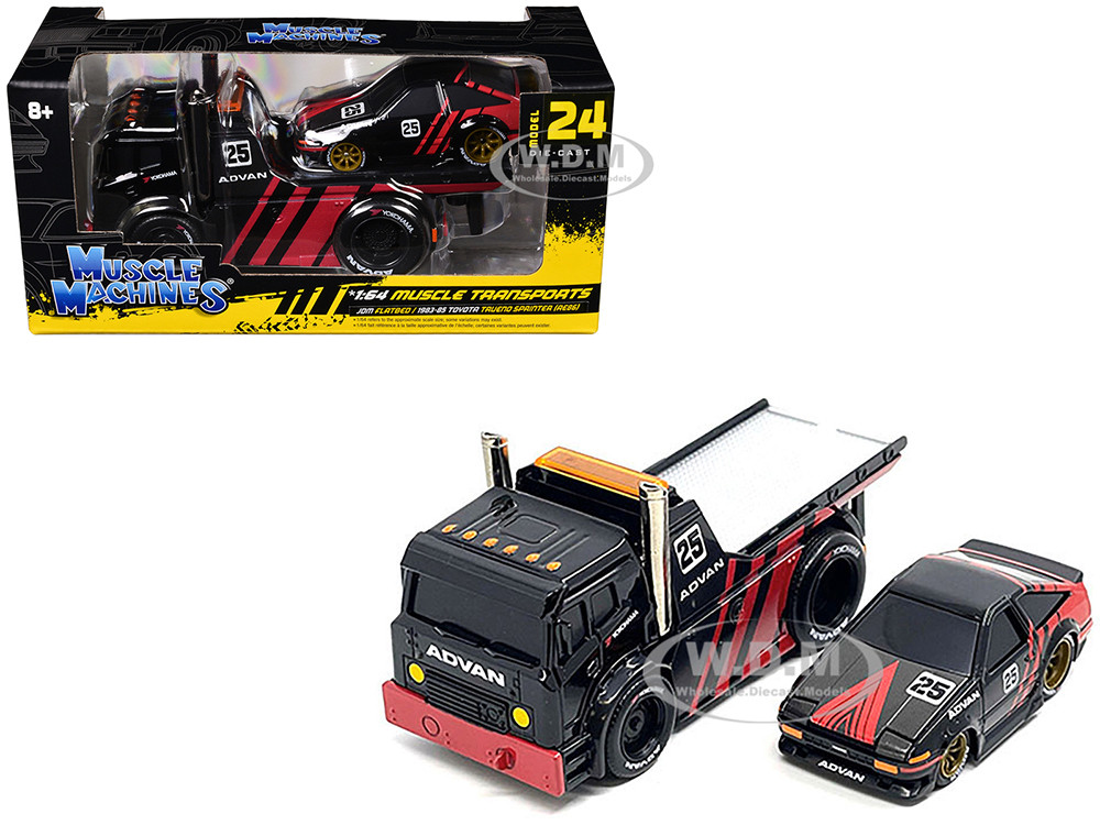 JDM Flatbed Truck #25 Black and Red and 1983-85 Toyota Trueno Sprinter (AE86) #25 Black and Red "Advan" Livery "Muscle Transports" Series 1/64 Diecast Models by Muscle Machines diecast model
