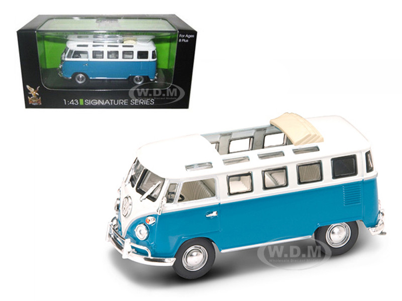 1962 Volkswagen Microbus Van with Open Roof Blue and White 1/43 Diecast Model Car by Road Signature diecast model