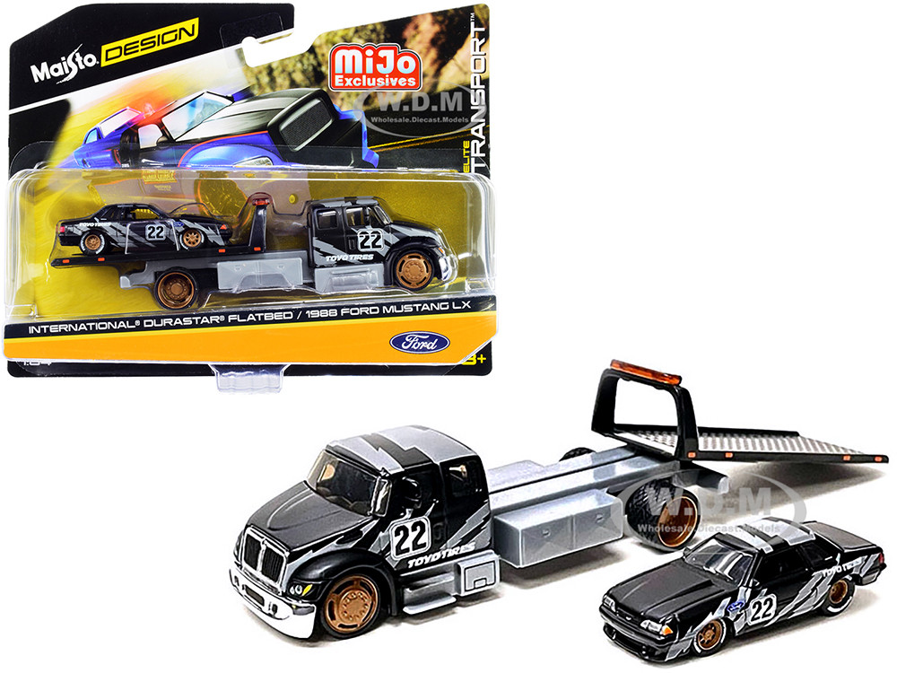 International DuraStar Flatbed Truck #22 and 1988 Ford Mustang LX #22 Matt Black with Gray Graphics "Toyo Tires" "Elite Transport" Series 1/64 Diecast Models by Maisto diecast model