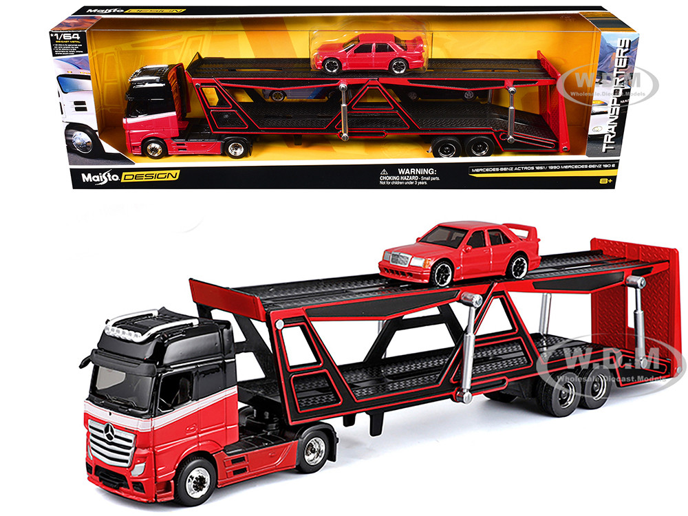 Mercedes-Benz Actros Open Car Hauler Red and Black with White Stripes and 1990 Mercedes-Benz 190E Red "Transporters" Series 1/64 Diecast Models by Maisto diecast model