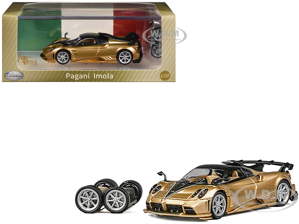 Pagani Imola Gold Carbon Metallic with Black Carbon Top with Extra Wheels 1/64 Diecast Model Car by CM Model diecast model