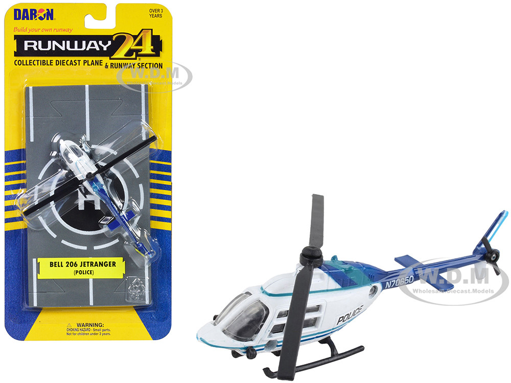Bell 206 Jetranger Helicopter White and Blue "Police-N70650" with Runway Section Diecast Model by Runway24 diecast model