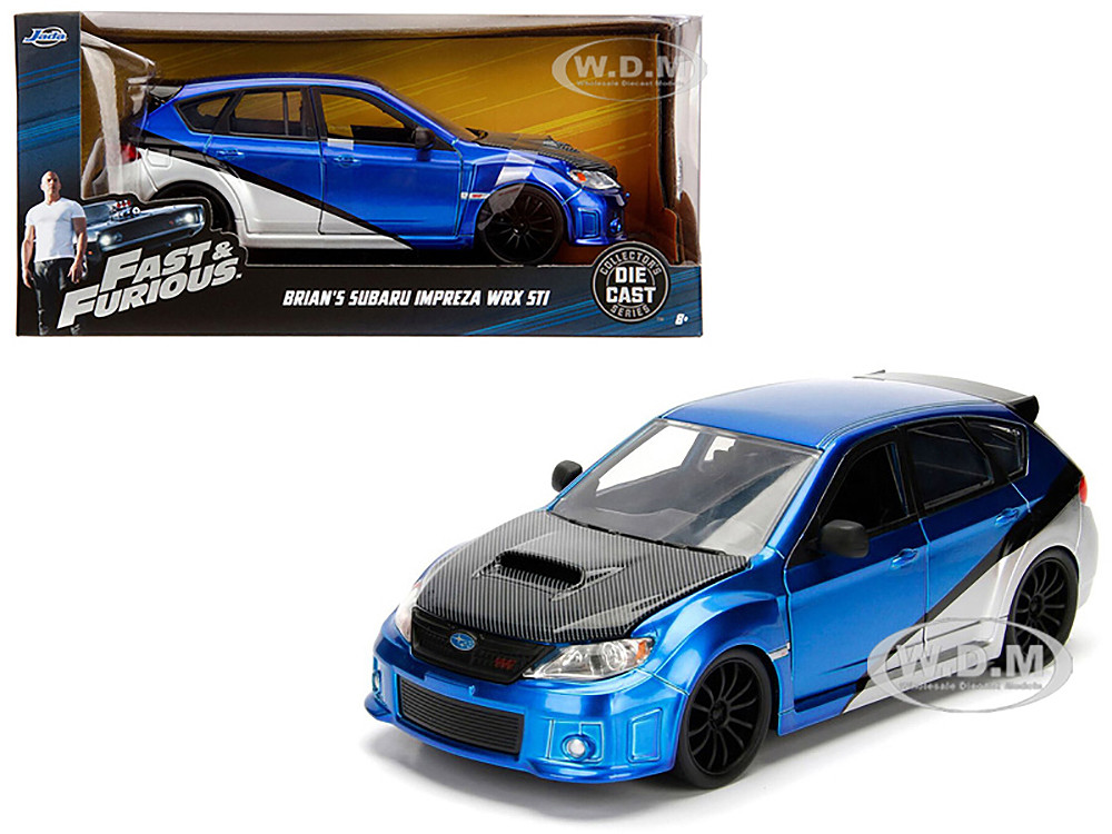 Brian's Subaru Impreza WRX STI Blue and Silver with Carbon Hood "Fast & Furious" Movie 1/24 Diecast Model Car by Jada diecast model