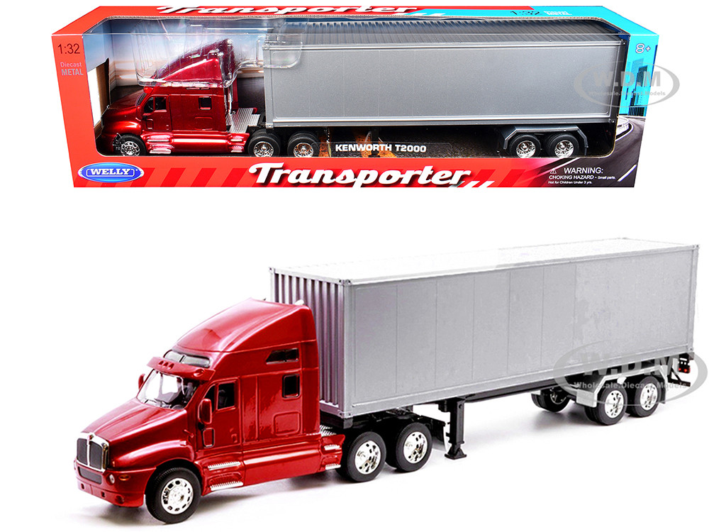 Kenworth T2000 Truck Red Metallic with Gray Container "Transporter" Series 1/32 Diecast Model by Welly diecast model