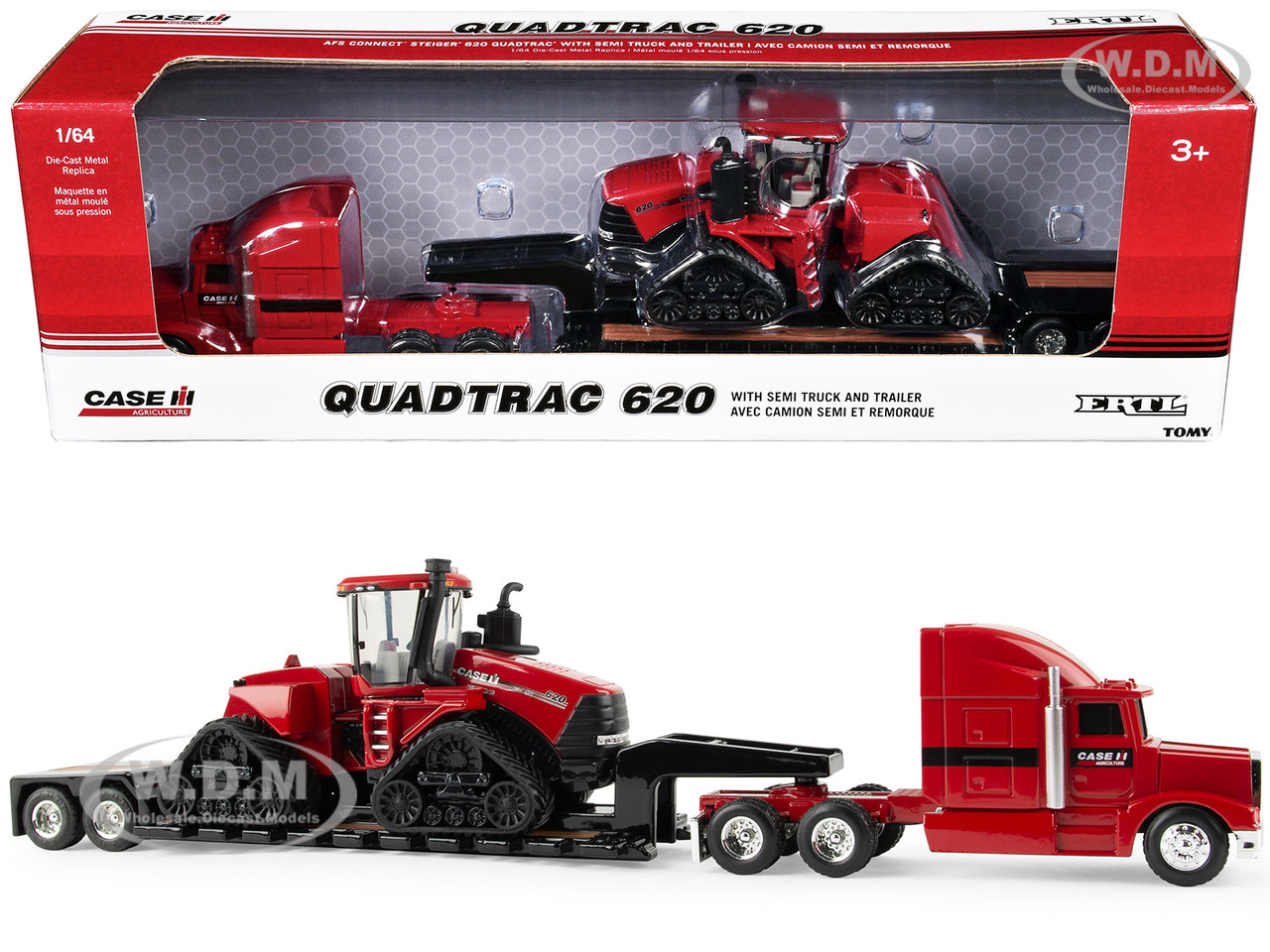 Semi Truck Red with Flatbed Trailer and Case IH Quadtrac 620 Tractor Red "Case IH Agriculture" Series 1/64 Diecast Models by ERTL TOMY diecast model